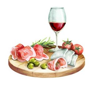 Wine with ham and cheese on board